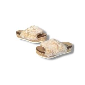 DV Dolce Vita Faux Fur Platform Espadrille  Slides Sandals Tan Size 7